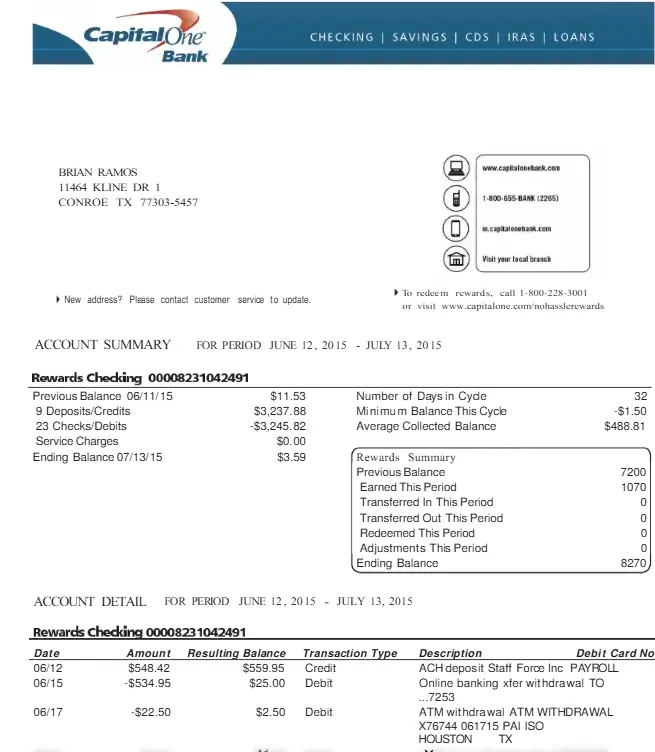 capital one bank statement template